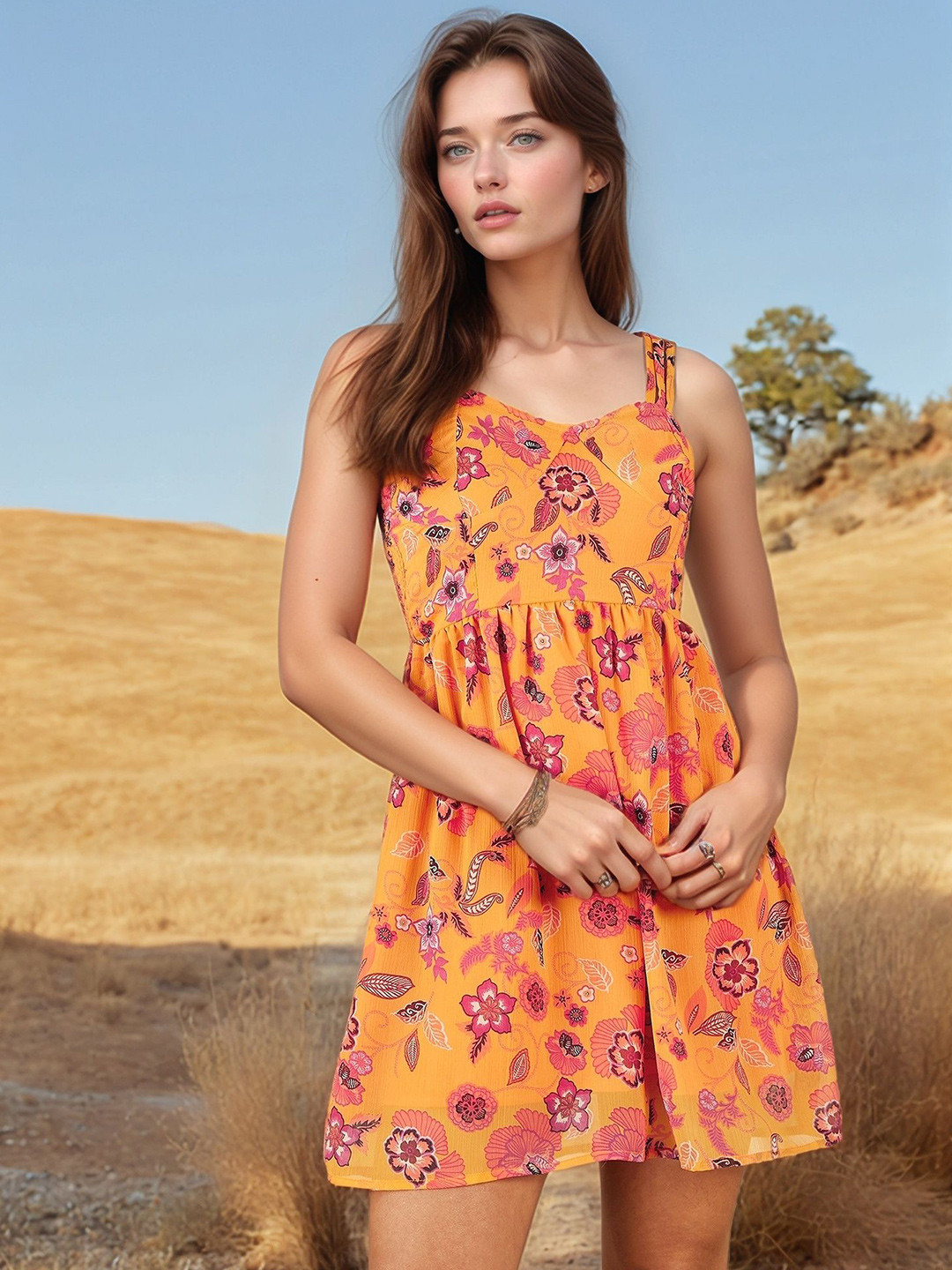 ZYNG Women Floral Print Shoulder Straps Smocked Chiffon Fit & Flare Dress