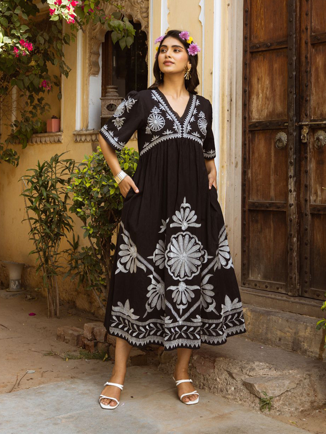 CUSTARD Blue Cotton Embroidered V Neck Midi Western Dress