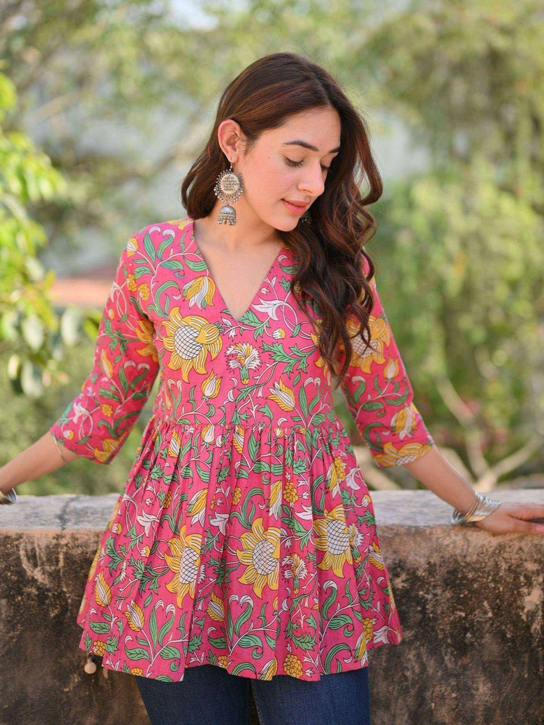 DIMPLE DESIGN STUDIO Women Pink Floral Printed Gathered Pure Cotton Peplum Top