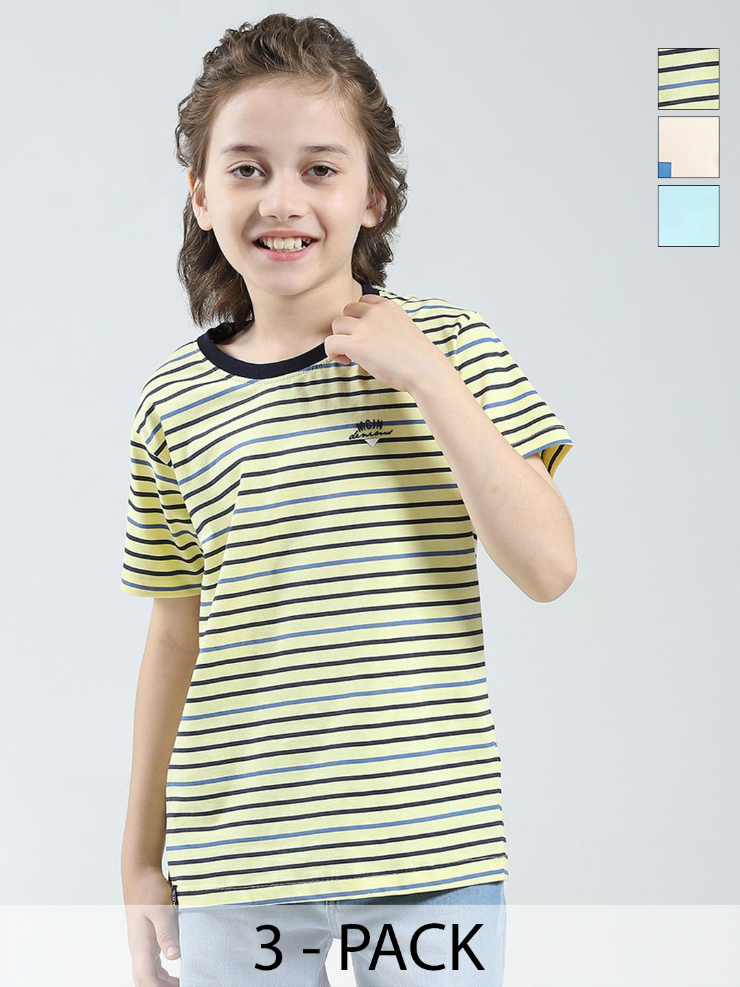 Monte Carlo Boys Pack Of 3 Striped Round Neck Short Sleeves Raw Edge T-shirt