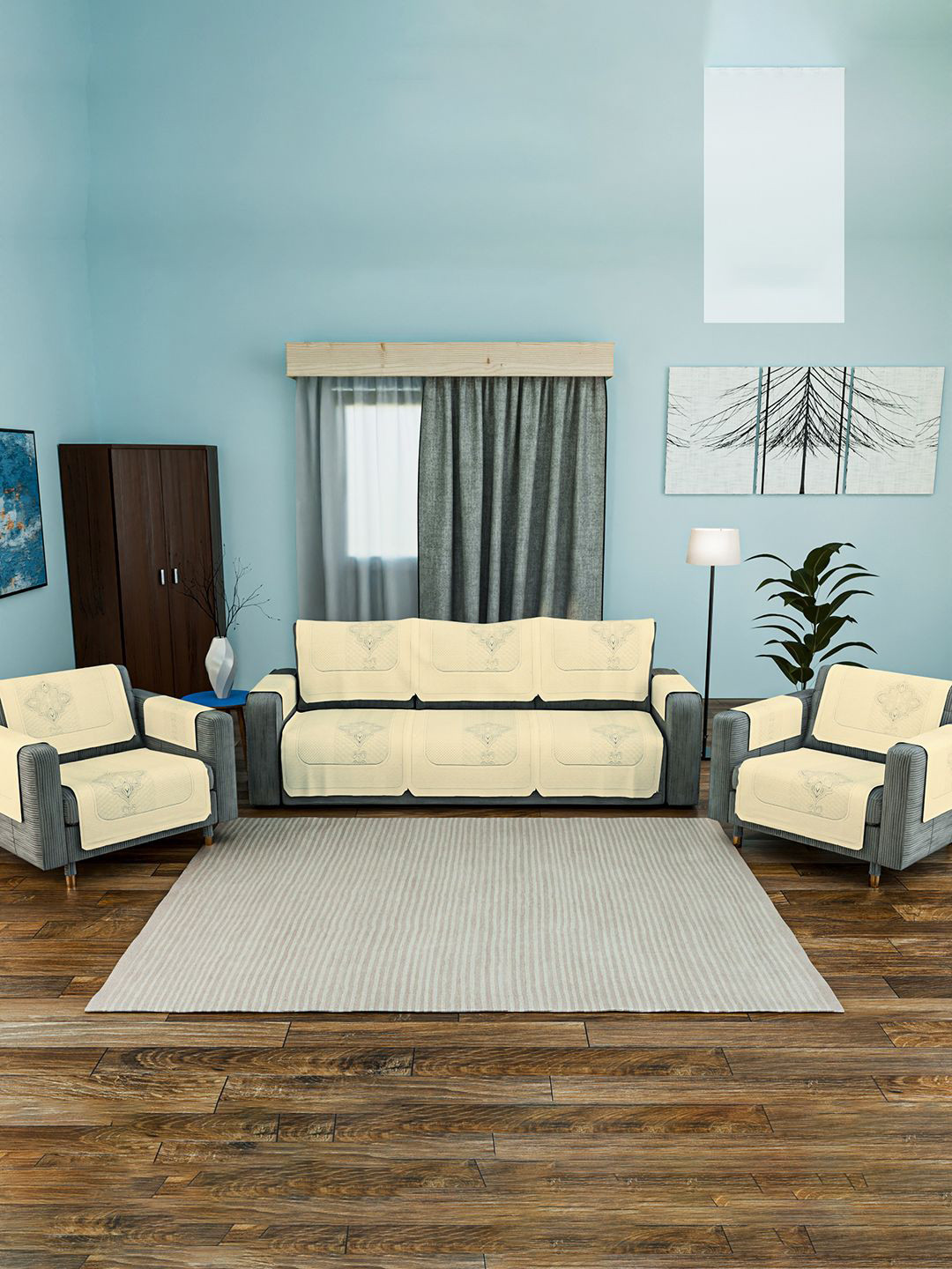 Kuber Industries Set of 16 Cotton Sofa Covers 5 Seater with Arms Plain Maple Flower