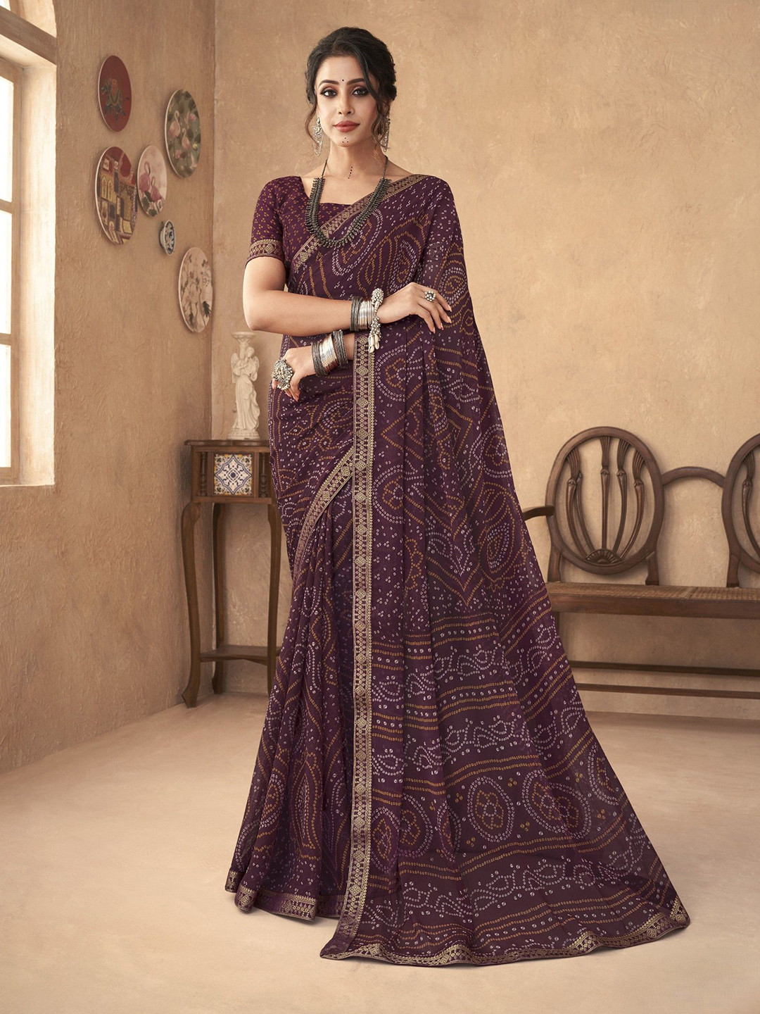 KALINI Bandhani Pinted Poly Chiffon Bandhani Saree