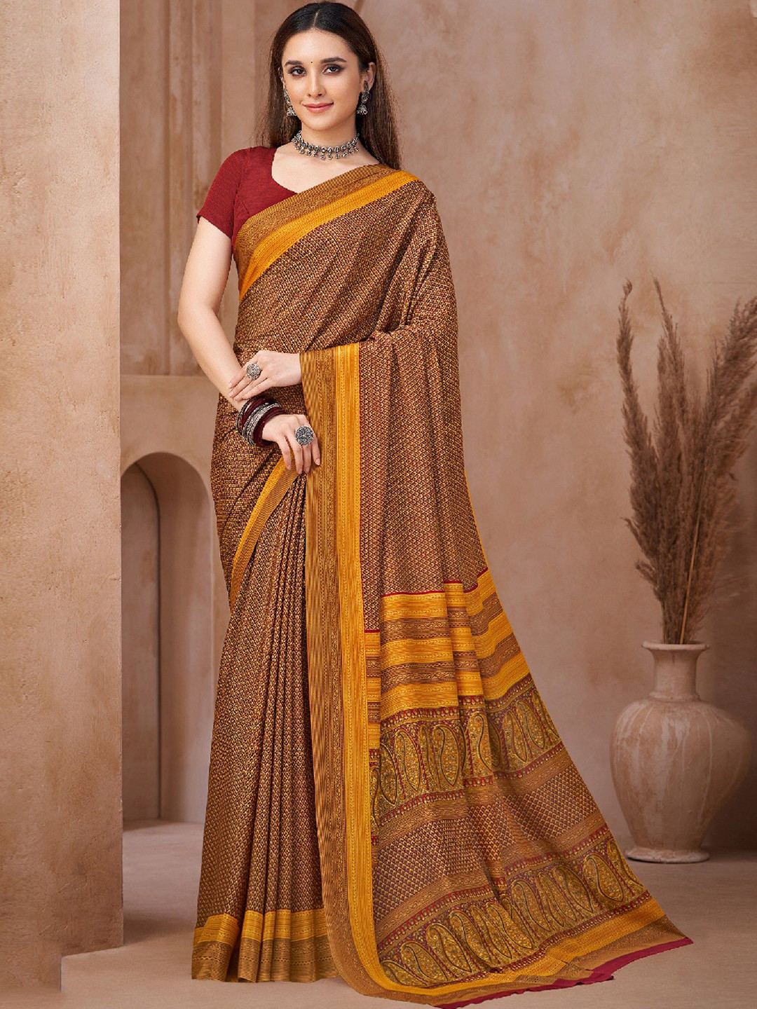 LeeliPeeri Designer Geometric Print Poly Crepe Saree