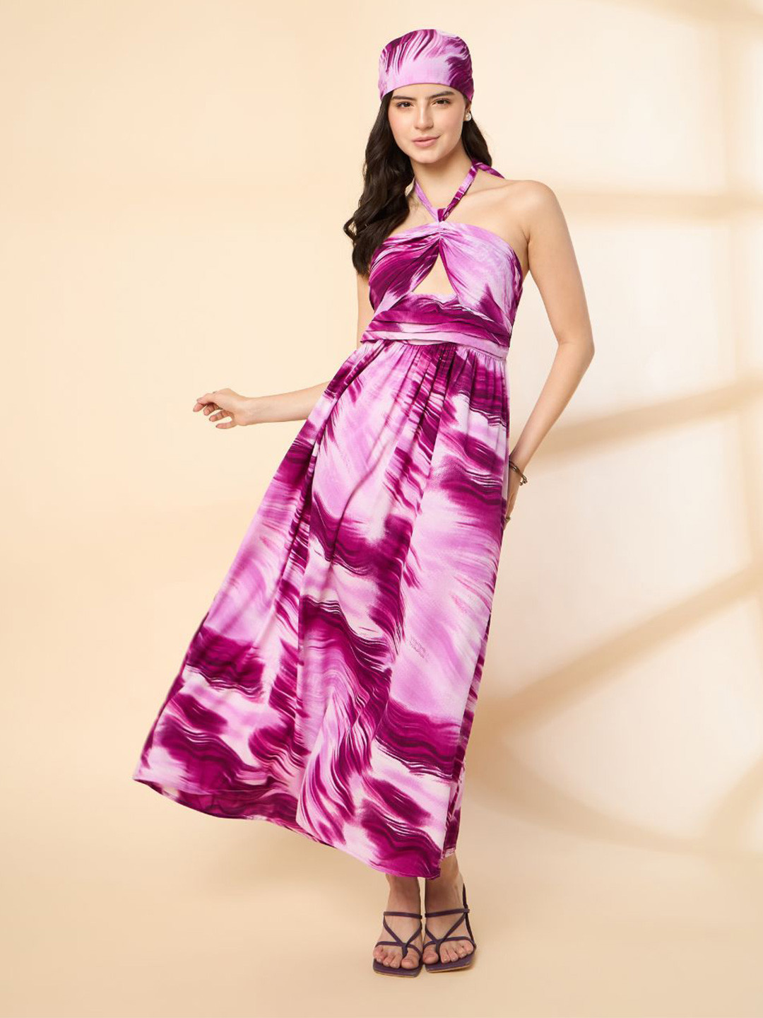 Kiarabel Retail Women Abstract Printed Halter Neck Maxi A-Line with Matching Bandana