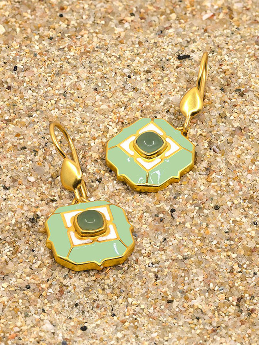 manner Sterling Silver Gold-Plated Artificial Stones Studded Geometric Drop Earrings