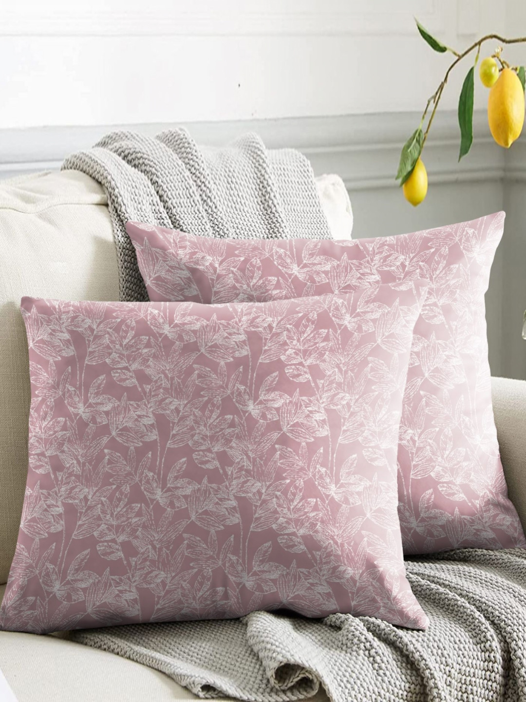 Aura Meadow Pink Leaf Polyester Washable 2 Pcs Square Cushion Covers - 16 x 16 In