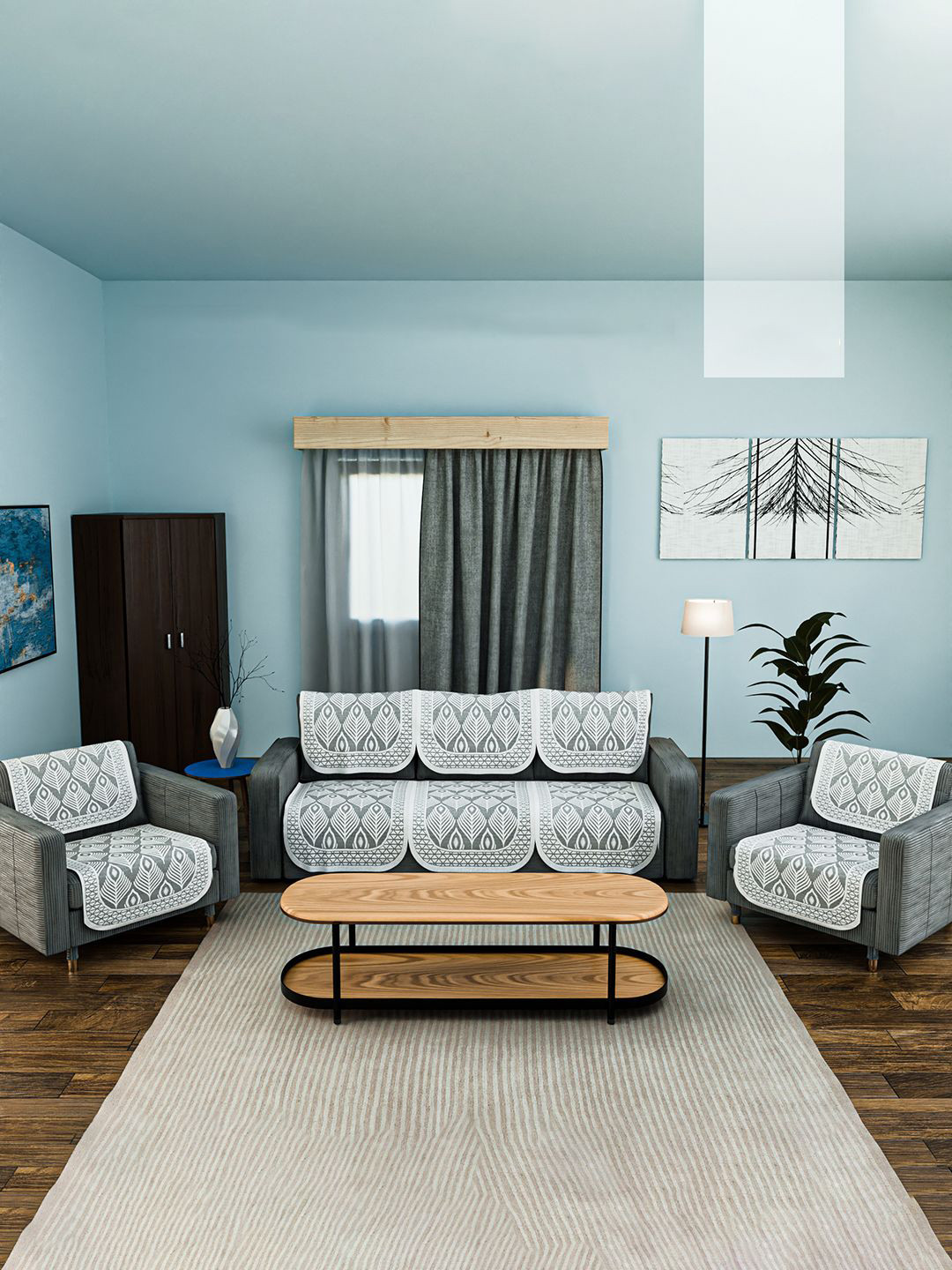 Kuber Industries Set of 10 Durable Net Cotton Sofa Covers 5 Seater Pankh Design - Grey