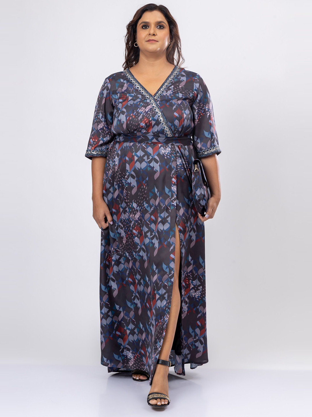 Mamicha Women Abstract Printed Slits Satin Empire Dress with Belt