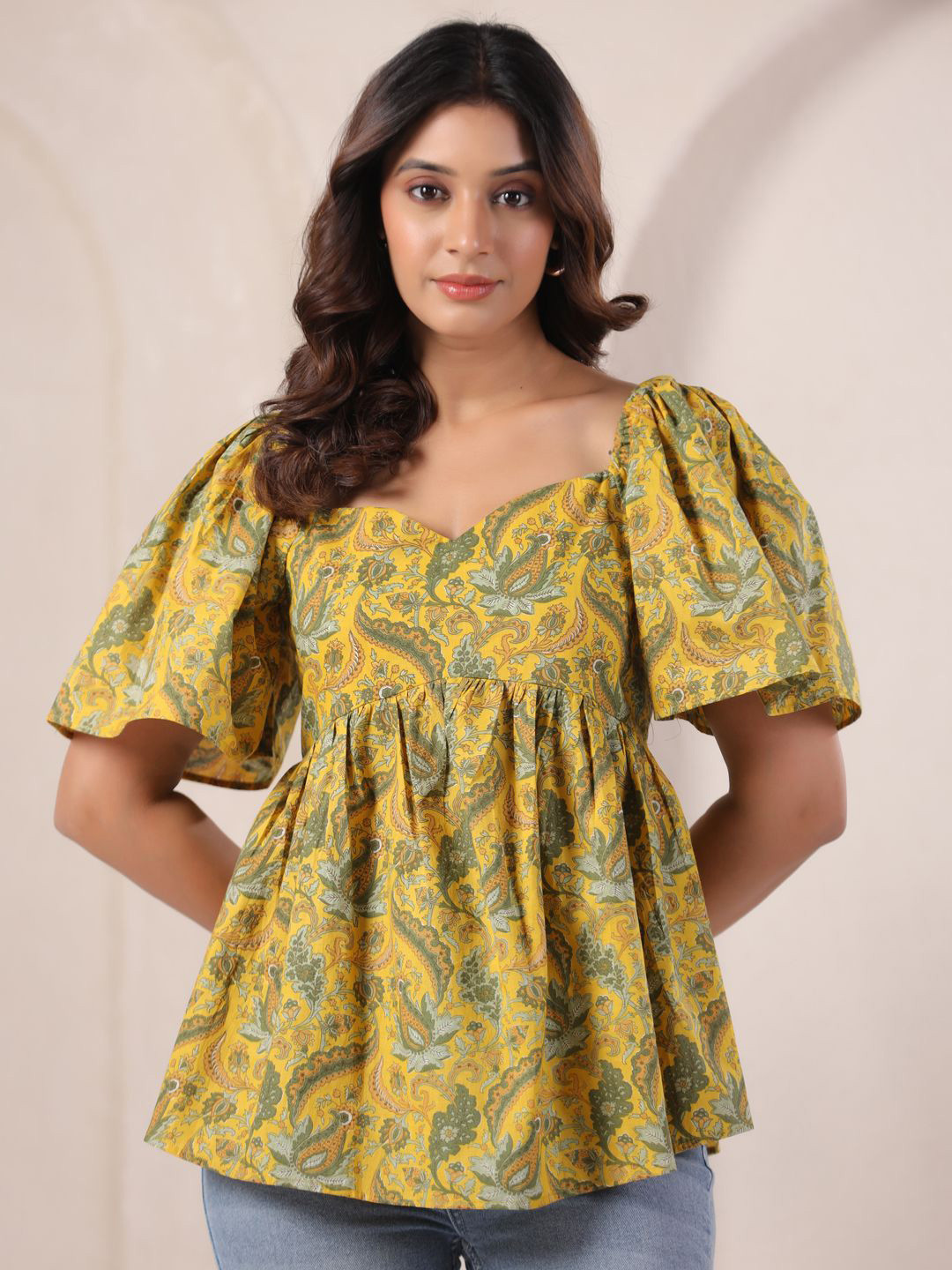 Zenava by Myntra Pistachio Green Ikat Print Sweetheart Neck Cotton Top