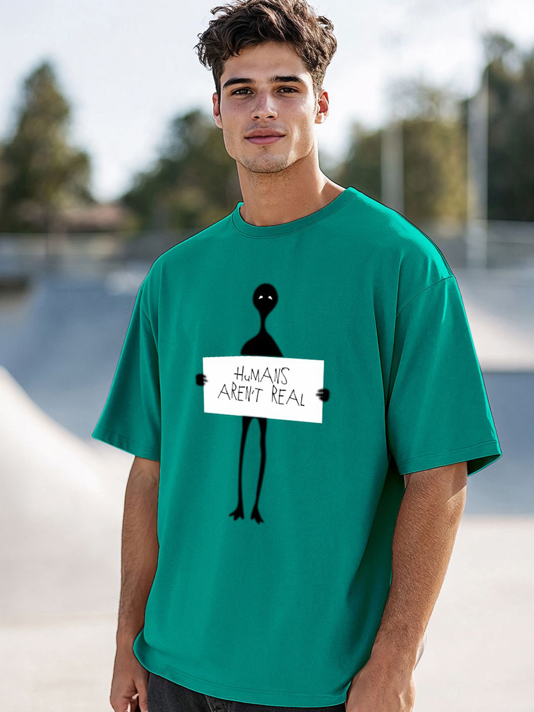 Bewakoof Men Green Humans Aren't Real Graphic Printed Oversized T-shirt