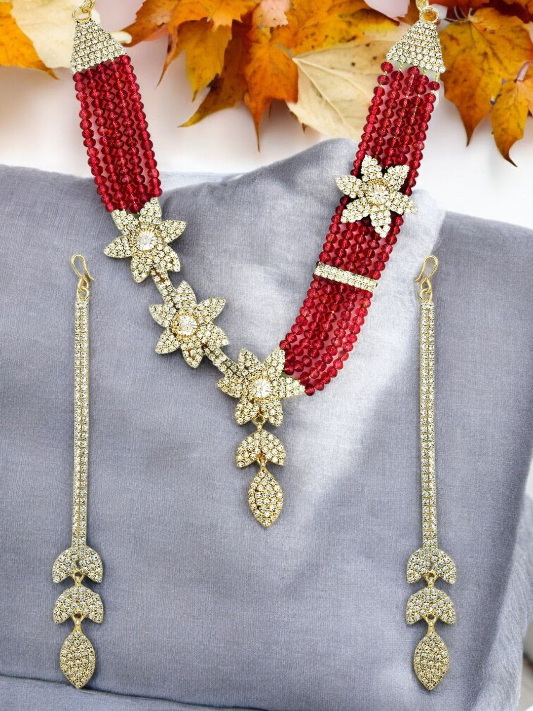 ANIKAS CREATION Gold-Plated Floral Multi Strings Beaded Jewellery Set