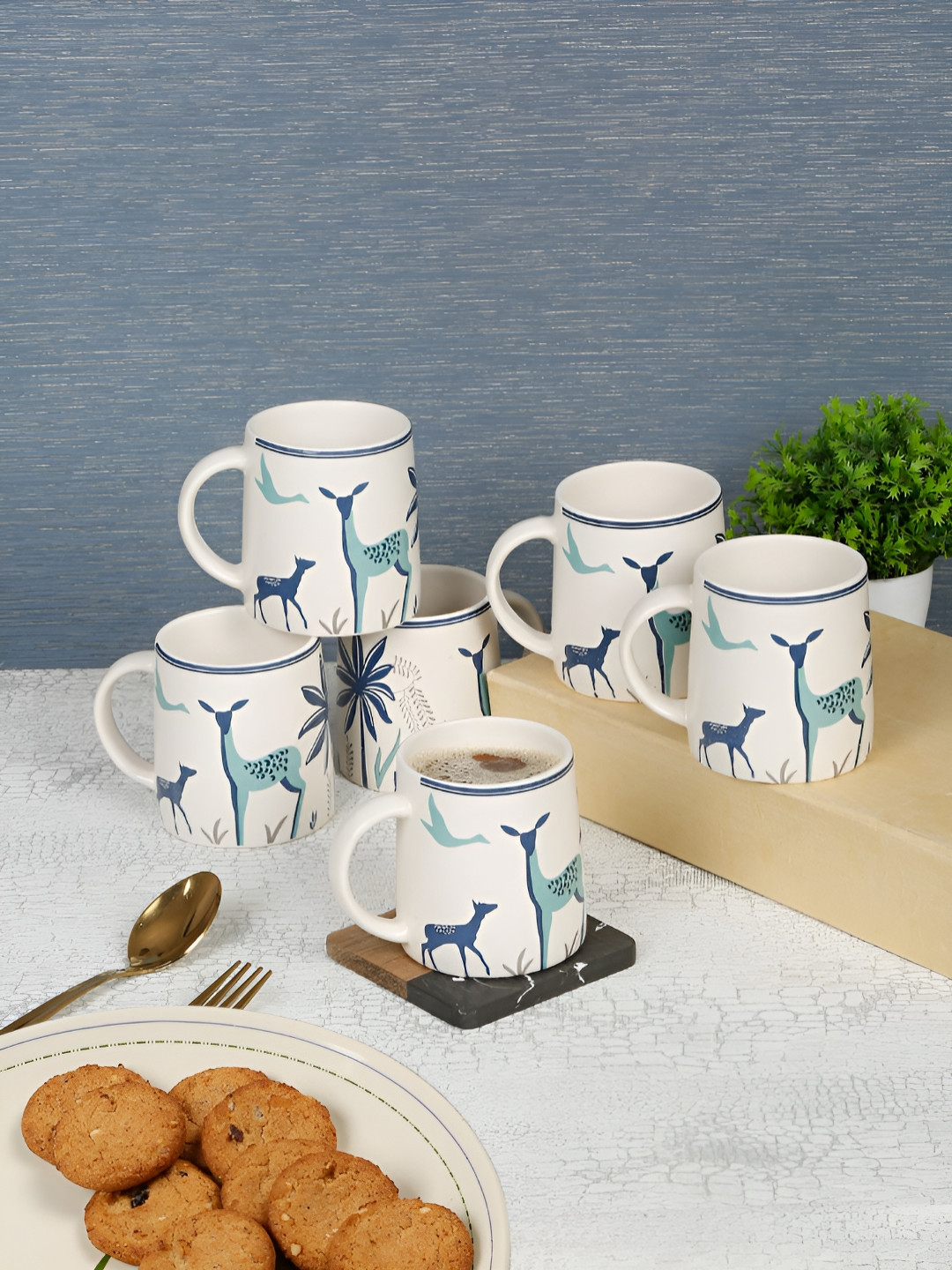 Myntra Elegant Homes White Animal Print Ceramic Handmade 6 Piece Mugs-220ml