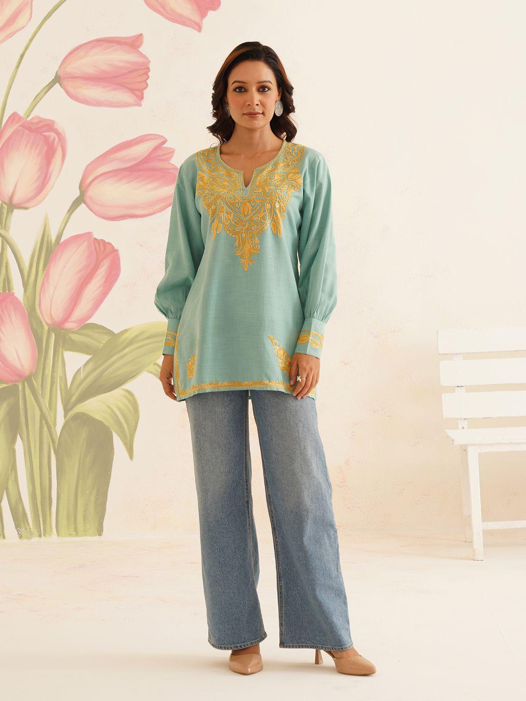 Kashmir Box Kashmiri Aari Embroidery Sea Green Cotton Kurti