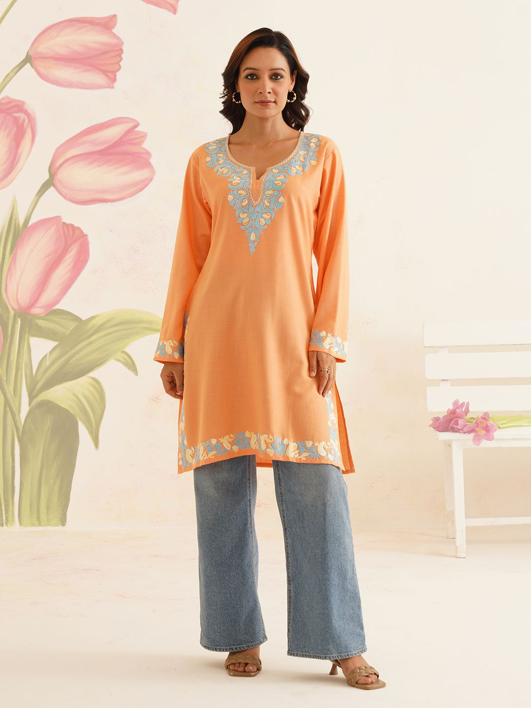 Kashmir Box Kashmiri Floral Embroidery Peach Cotton Kurti