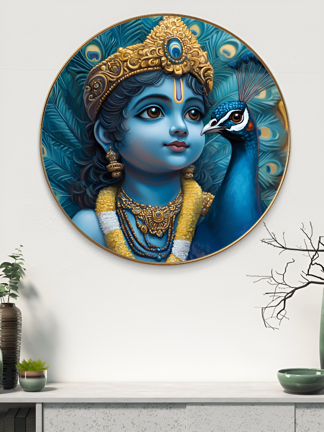 Myntra Elegant Homes Krishna With Peacock Divine Wood Round Paintings Wall Art-16 x 16 In