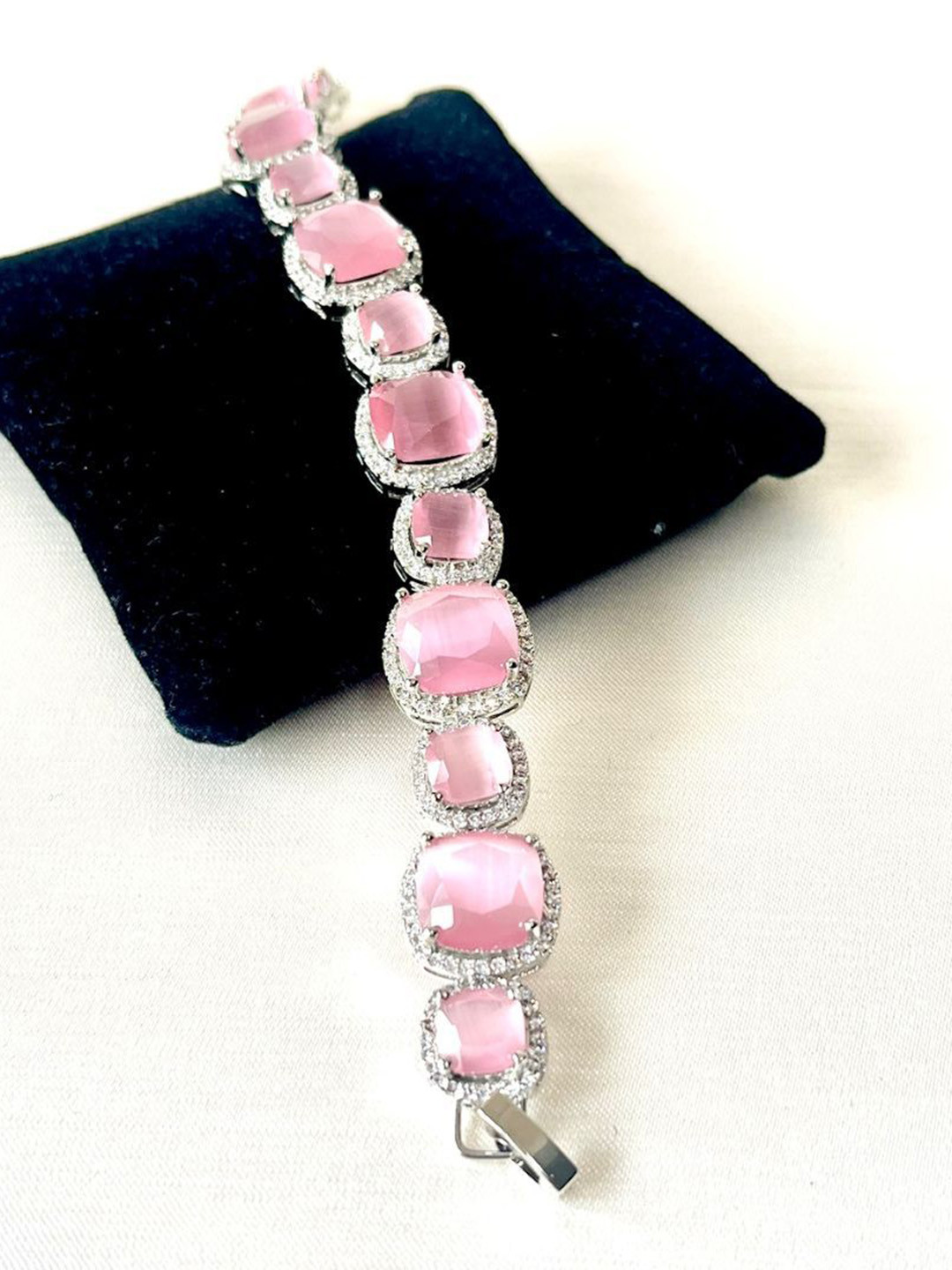 JewelTreeTz Women Silver & Pink Brass Quartz Stone Rhodium-Plated Wraparound Bracelet