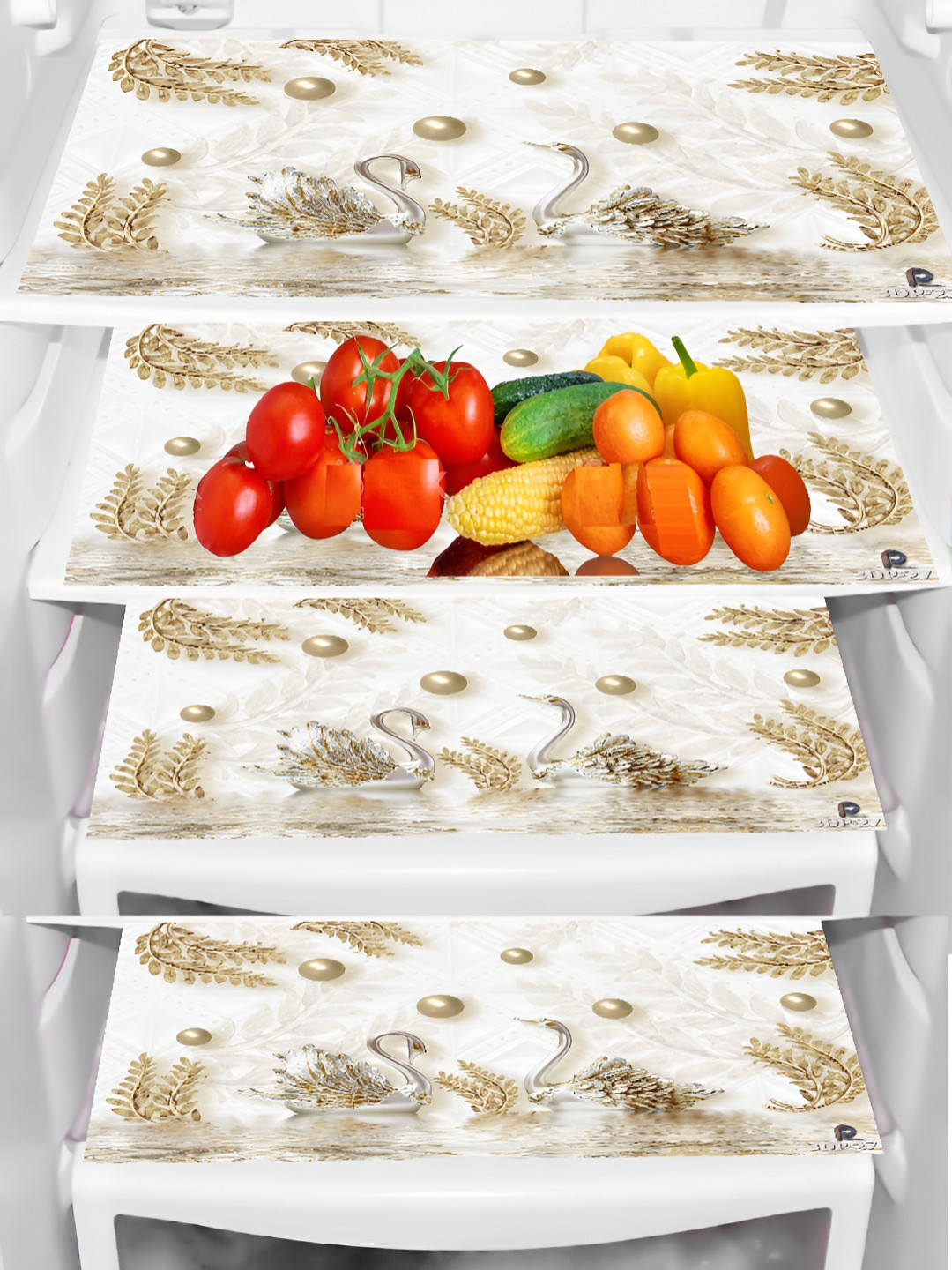 Aura Set Of 4 White & Beige Printed Non-Slip Fridge Mats