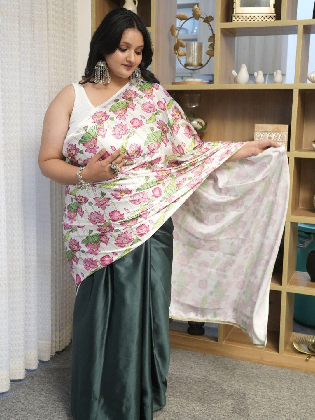 Swadeshi Shringaar White And Green Lotus Plus Size Satin Saree