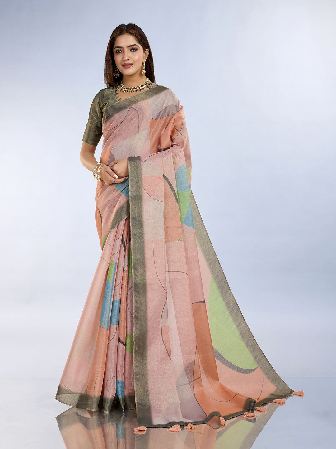 PAMPER YOURSELF Geometric Print Tissue Saree
