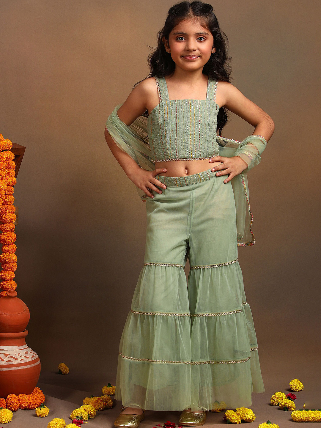 The Tribe Kids Girls Striped Top with Flared Sharara & Dupatta
