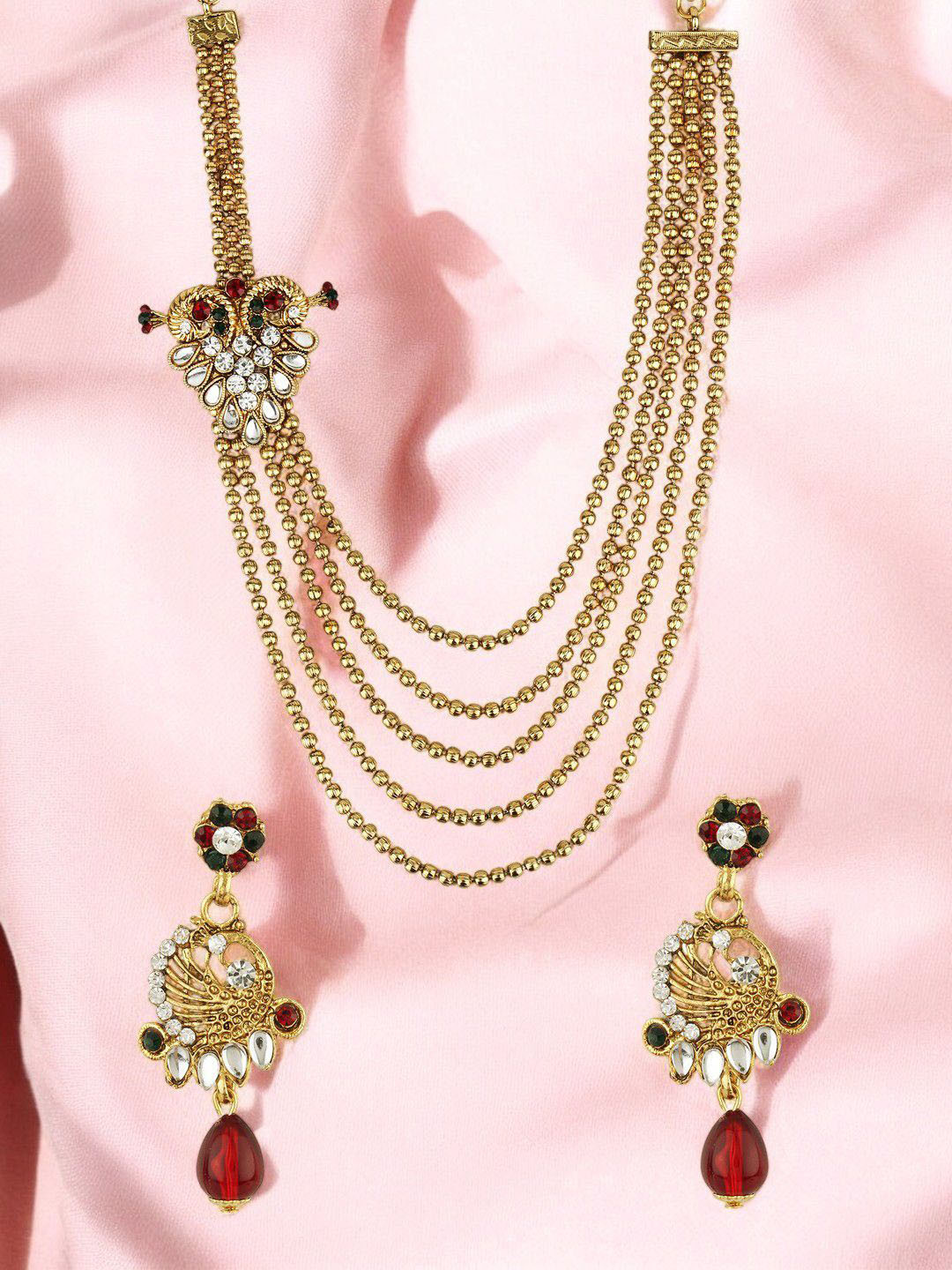 ANIKAS CREATION Gold-Plated Stone Studded One Sided Broach Multi String Jewellery Set