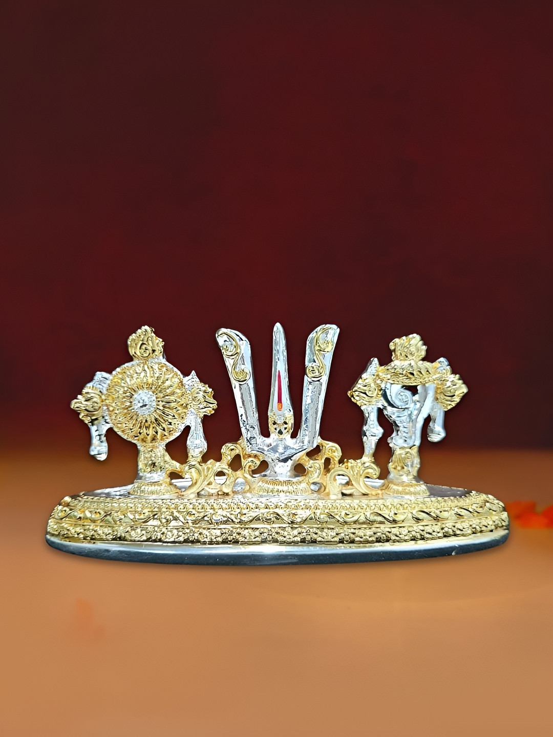 HOUSE OF WEMY Shankha Chakra Tilak Stand Silver Polyresin Matte Prayer Room Small Showpiece -