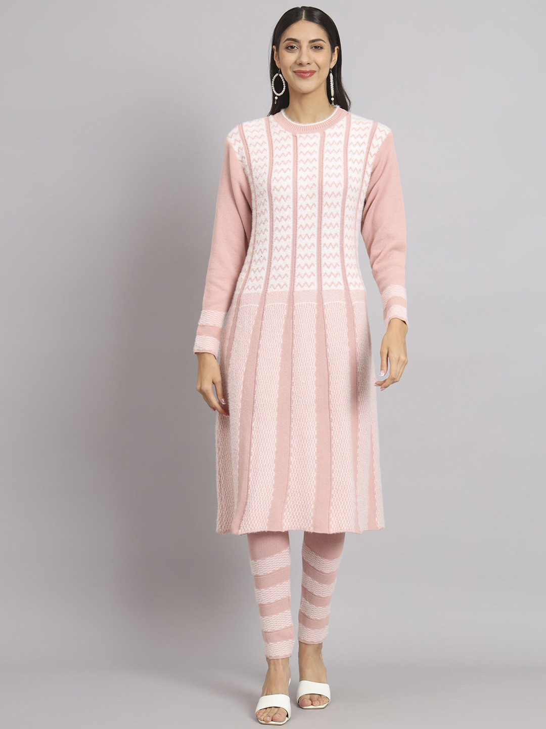 BUDAPEST Woven Design Round Neck Pure Wool A-Line Kurta With Leggings