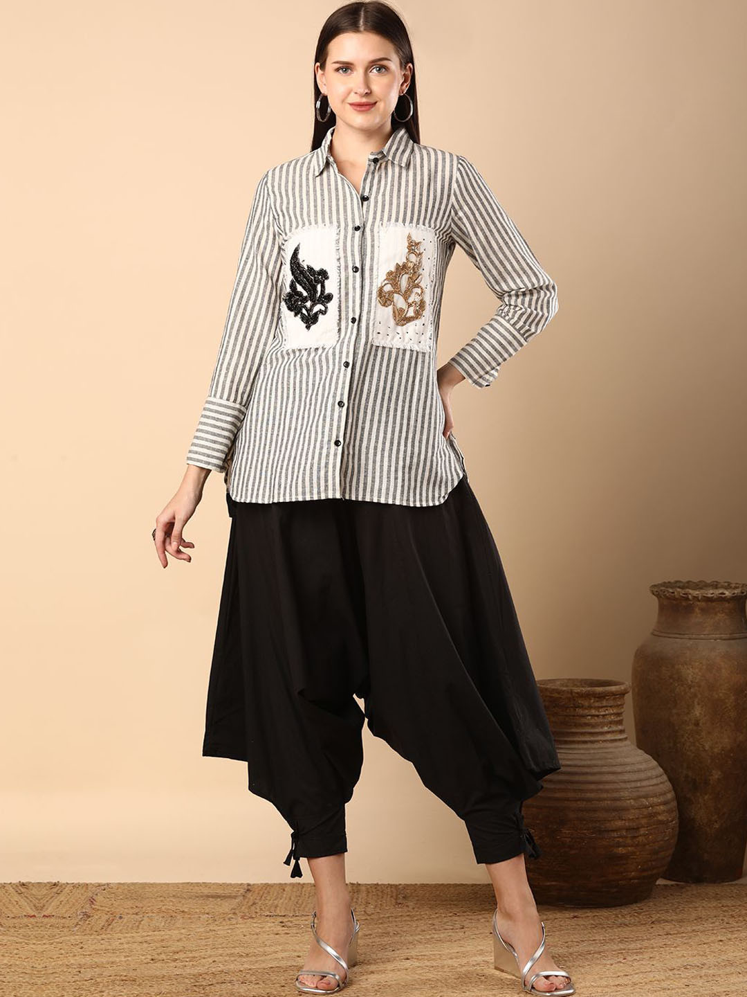 FASHOR Women Embroidered Striped Casual Shirt With Dhoti Pants