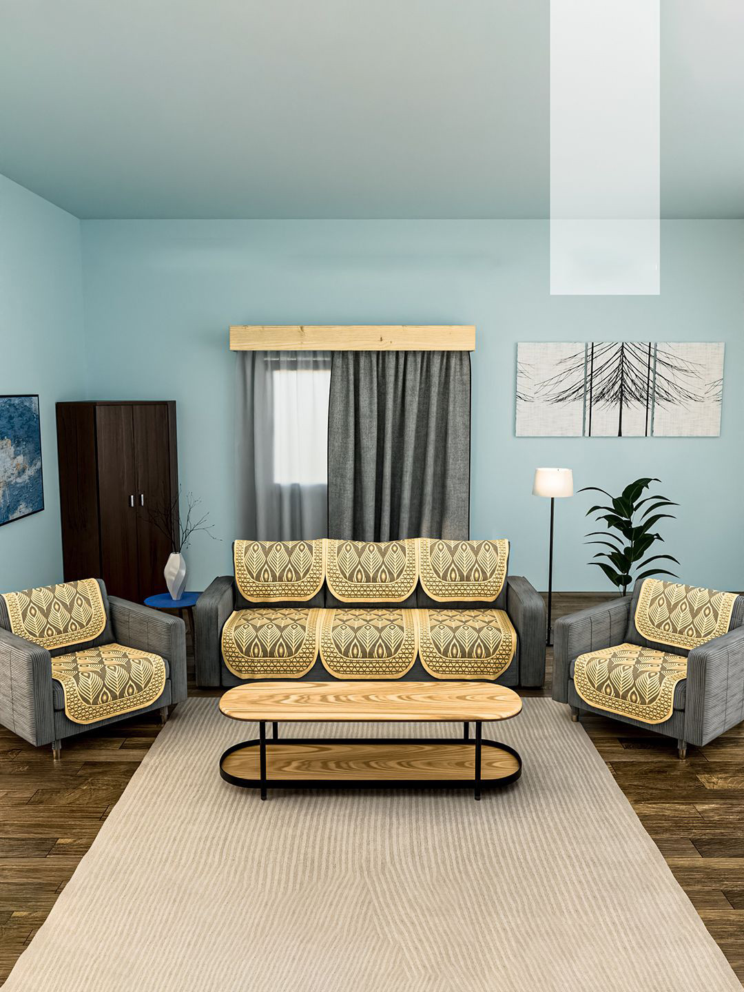 Kuber Industries Set of 10 Durable Net Cotton Sofa Covers 5 Seater Pankh Design - Golden