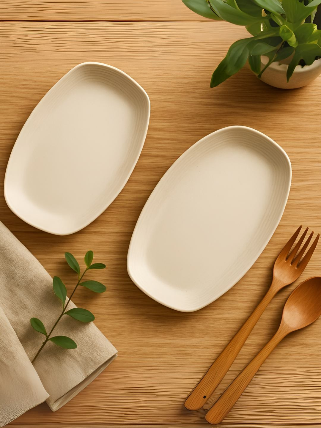 Myntra Elegant Homes Beige 2 Pieces Bamboo Dishwasher & Microwave Safe Oval Shaped Plates
