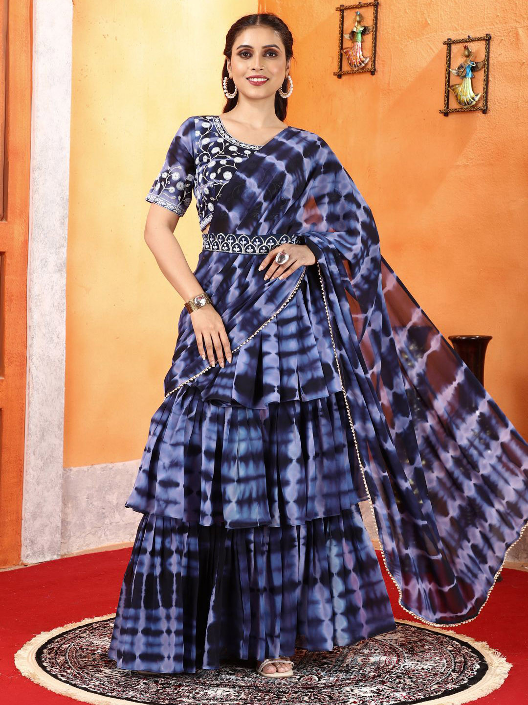 PATLANI STYLE Tie and Dyed Georgette Belted Lehenga Saree With Stitched Blouse