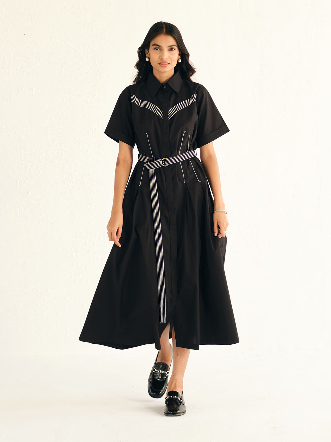 Shop Staple Poplin Midi Length Shirt Dress with Top Stitch Detail