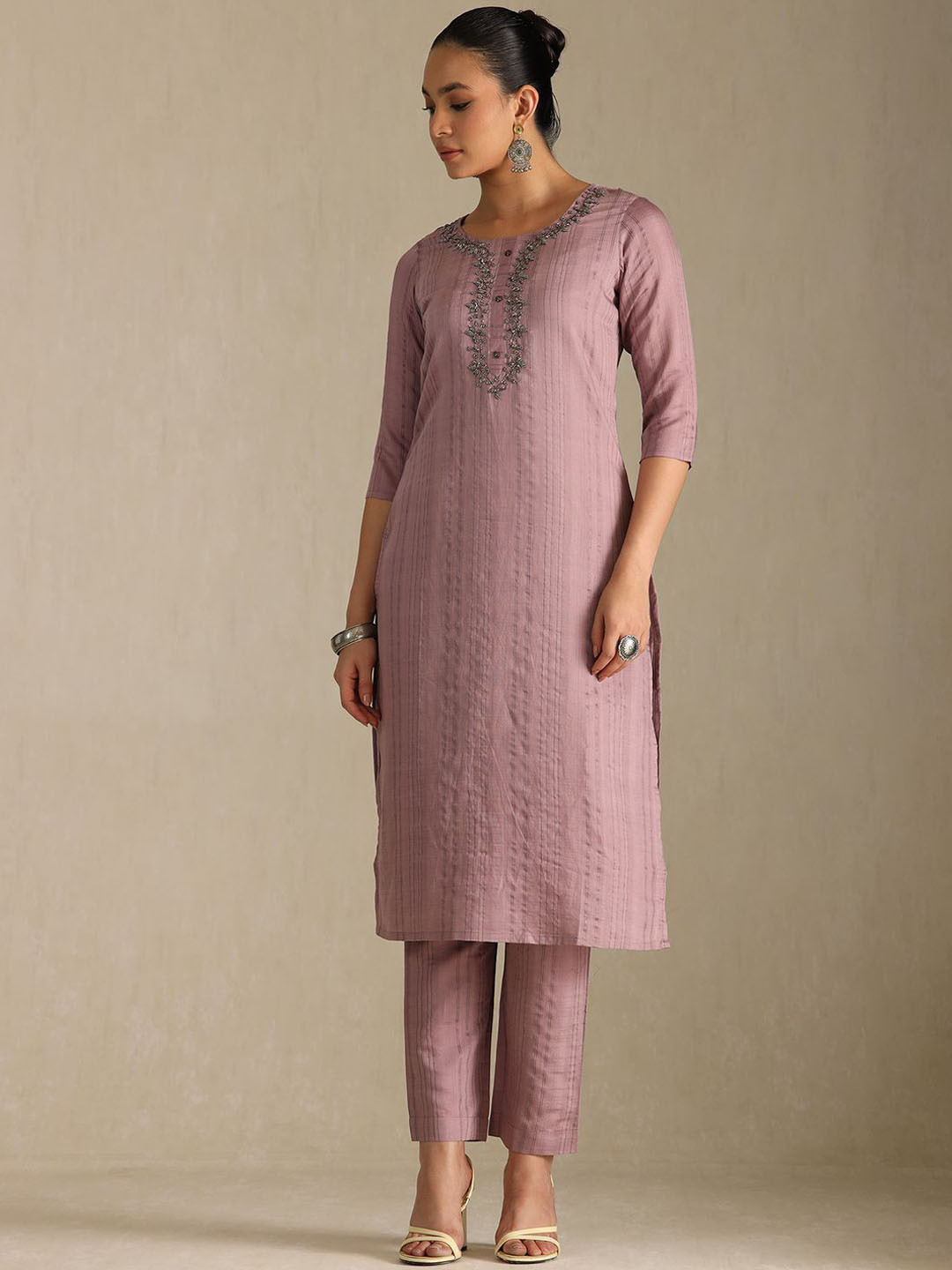 Soch Striped Beads and Stones Straight Kurta with Trouser