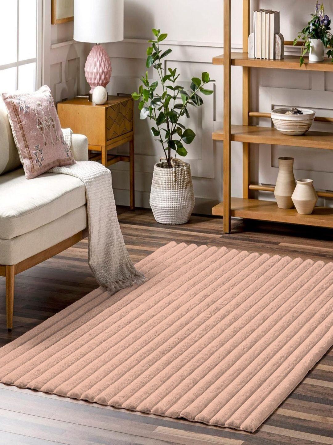 LUXEHOME INTERNATIONAL Peach-Coloured Striped Anti-Skid Carpet