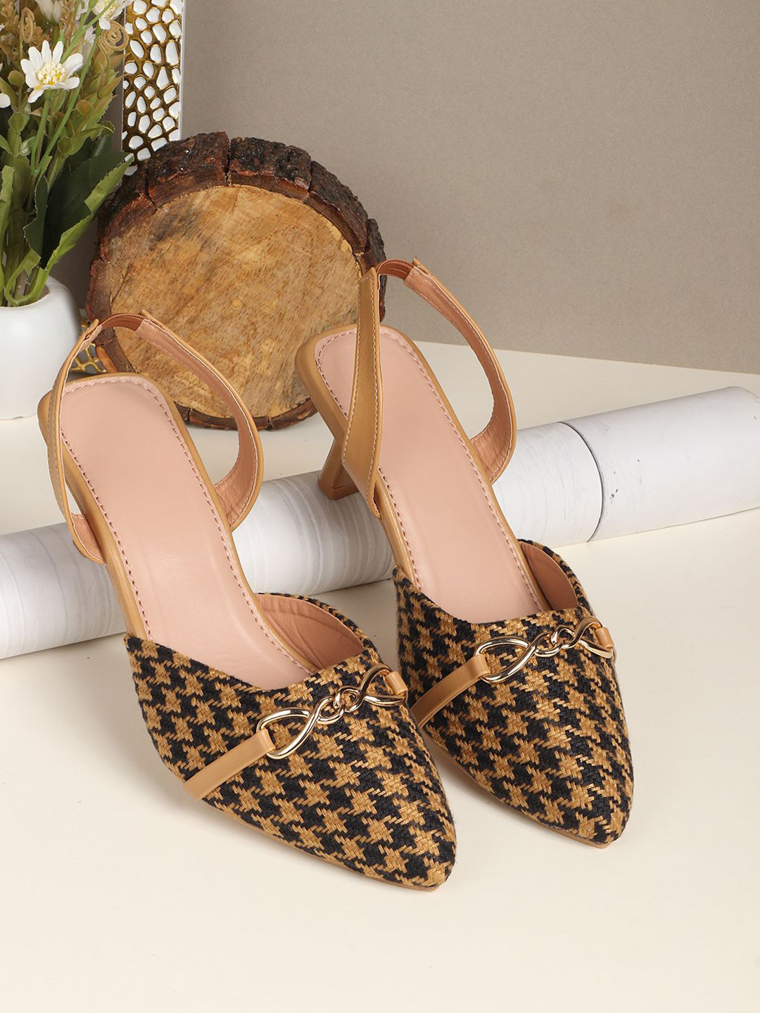 AVIVASTYLE Women Woven Design Slingback Kitten Heels with Buckles