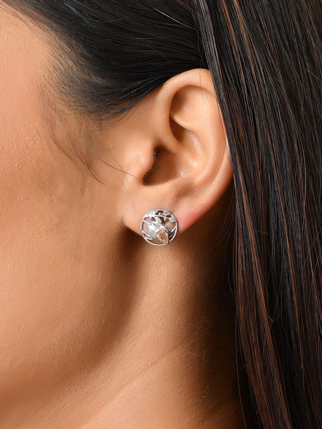 Studio Voylla Sterling Silver Artificial Stones Studded Rhodium-Plated Animal Shape Studs