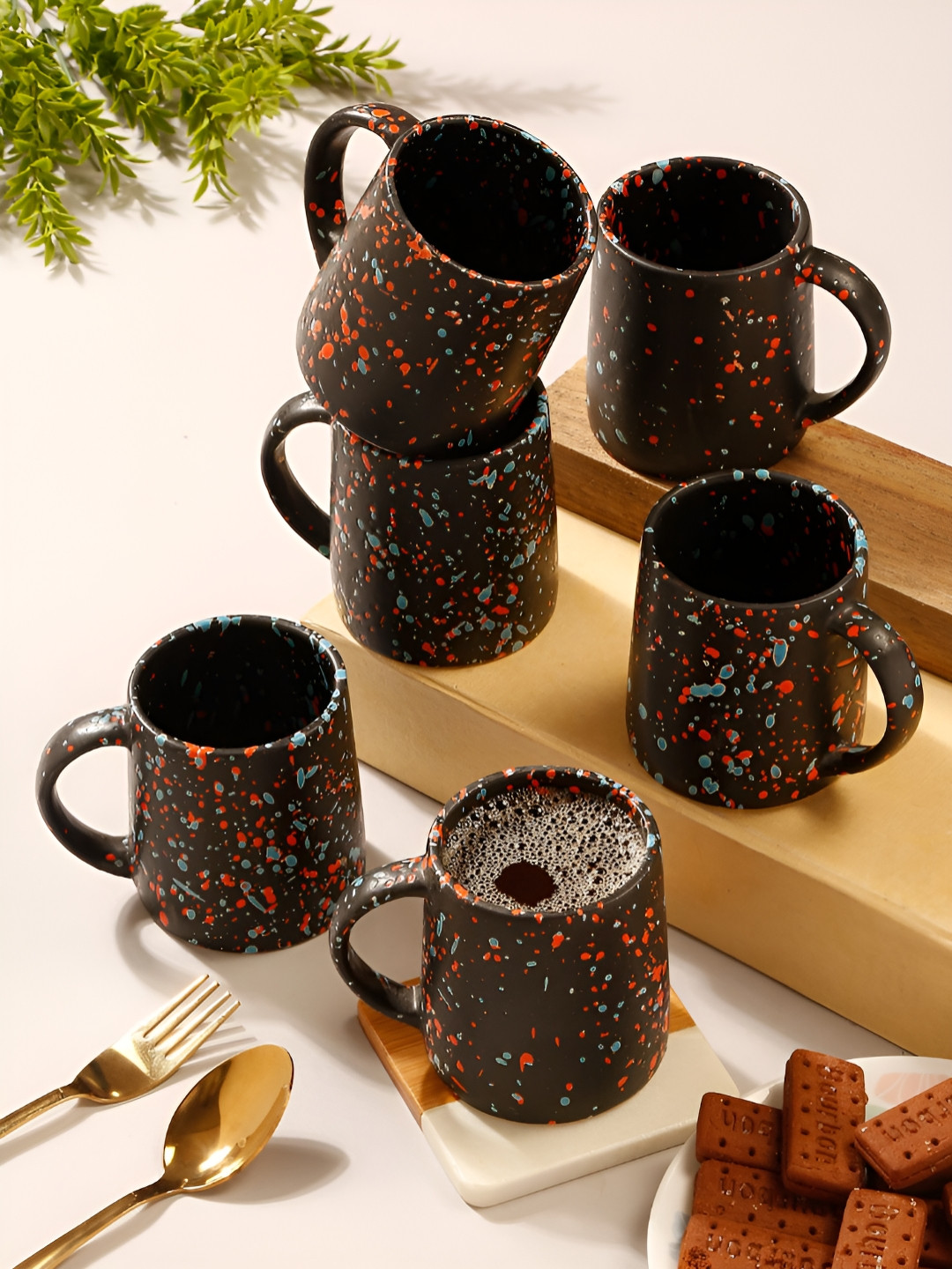 Myntra Elegant Homes Super Brother Black Textured Ceramic Microwave Safe 6 Piece Mug-300ml