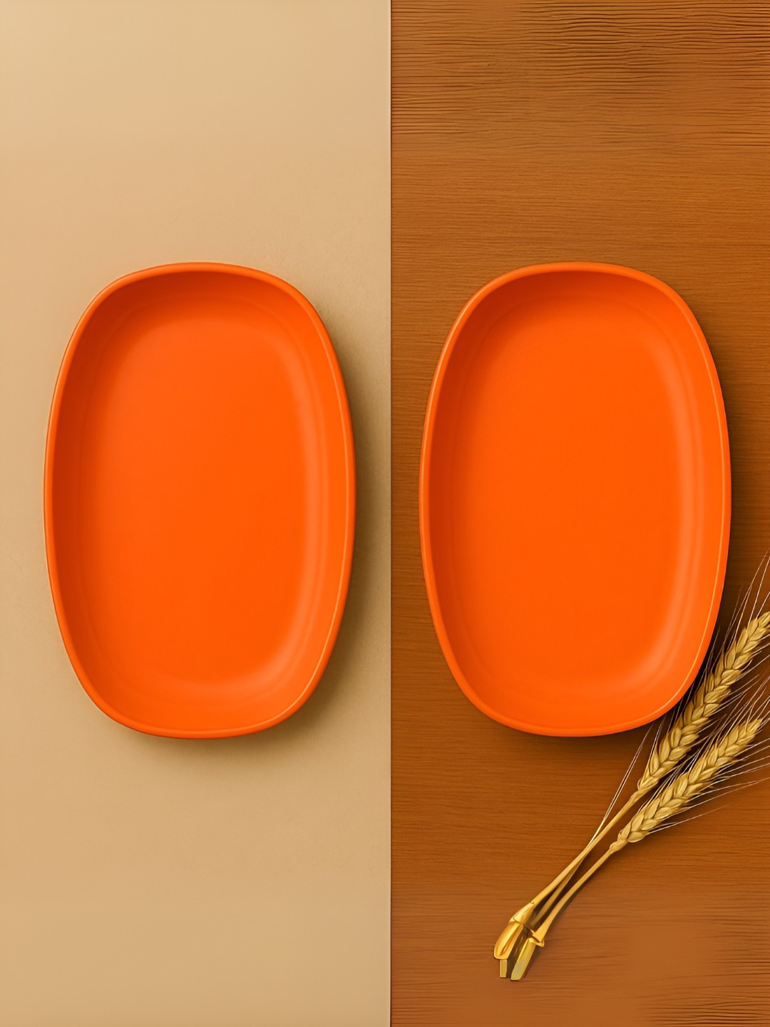 Myntra Elegant Homes Orange 2 Pieces Bamboo Dishwasher & Microwave Safe Oval Shaped Plates