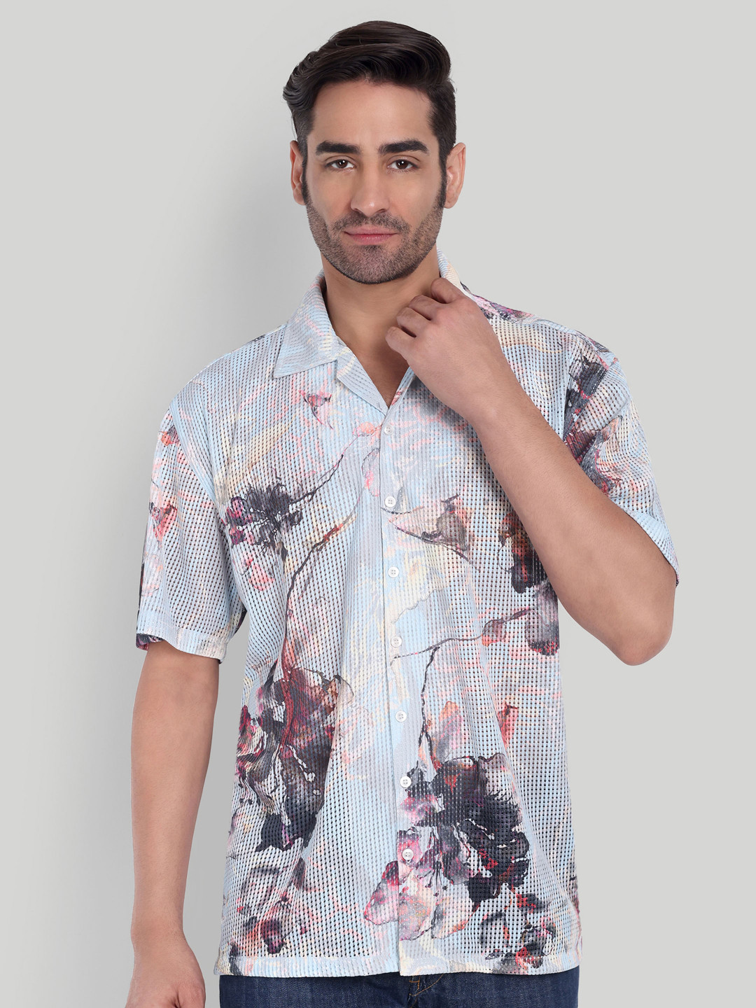 Stysure Men Relaxed Floral Semi Sheer Casual Shirt