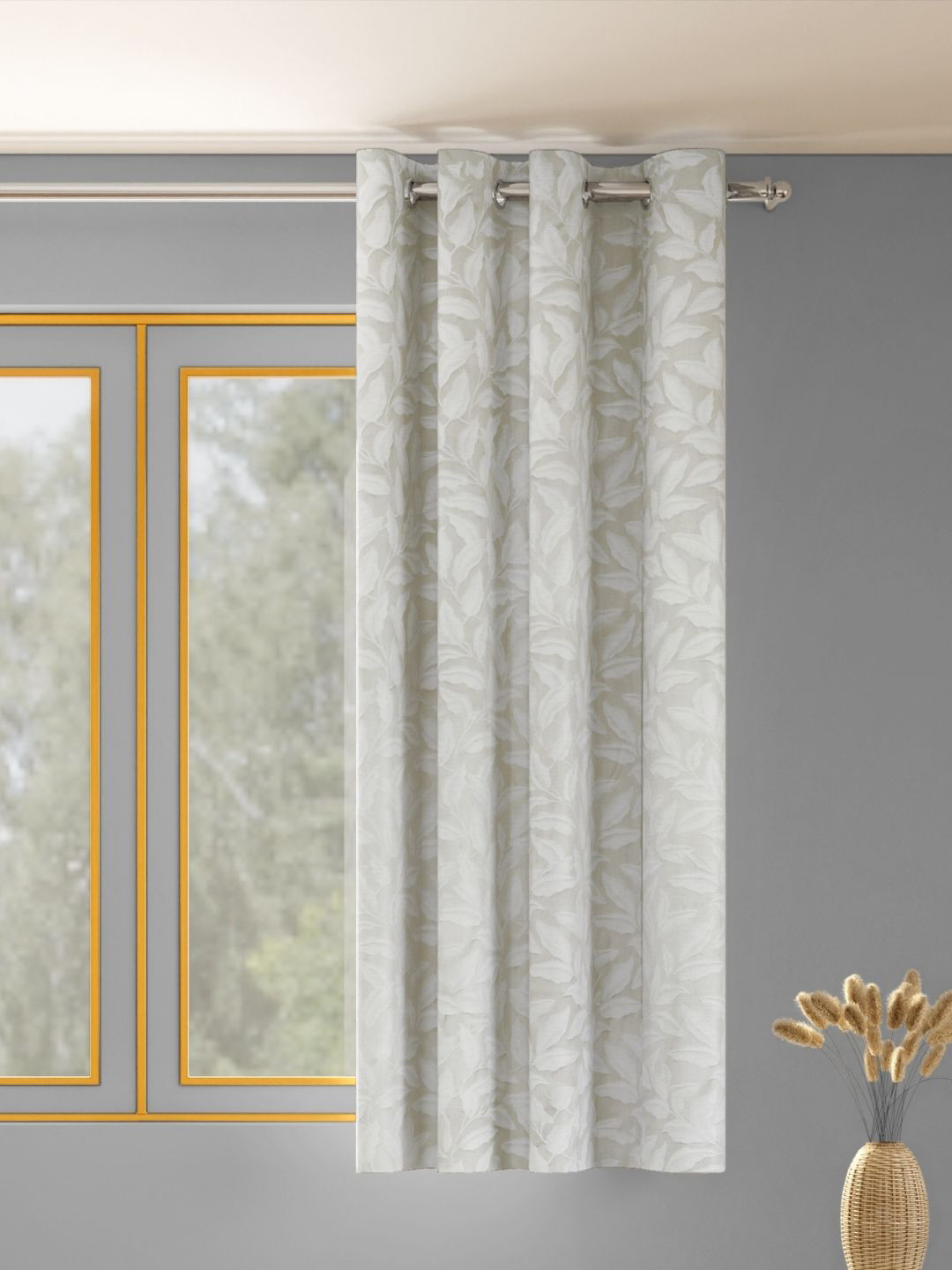 haus & kinder Botanic Hush Off White & Grey Embroidered Room Darkening Window Curtain