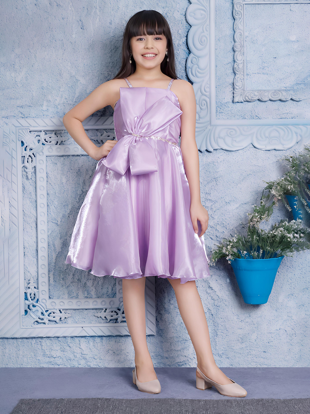 PINK LEAF Solid Bow Shoulder Straps Fit and Flare Dress