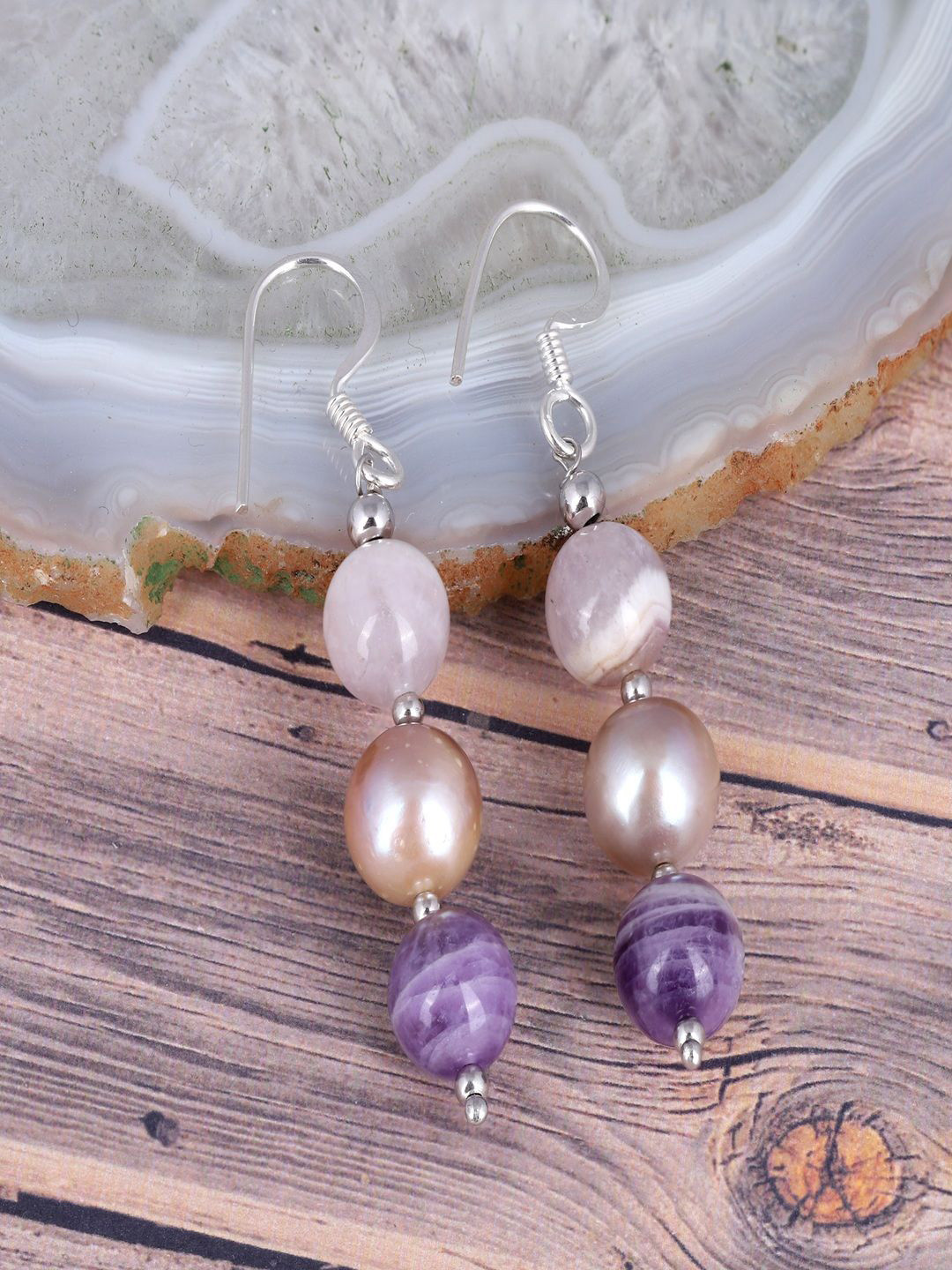 Nirvana 925 Sterling Silver Rhodium Plated Amethyst Beaded Geometric Shaped Drop Earrings