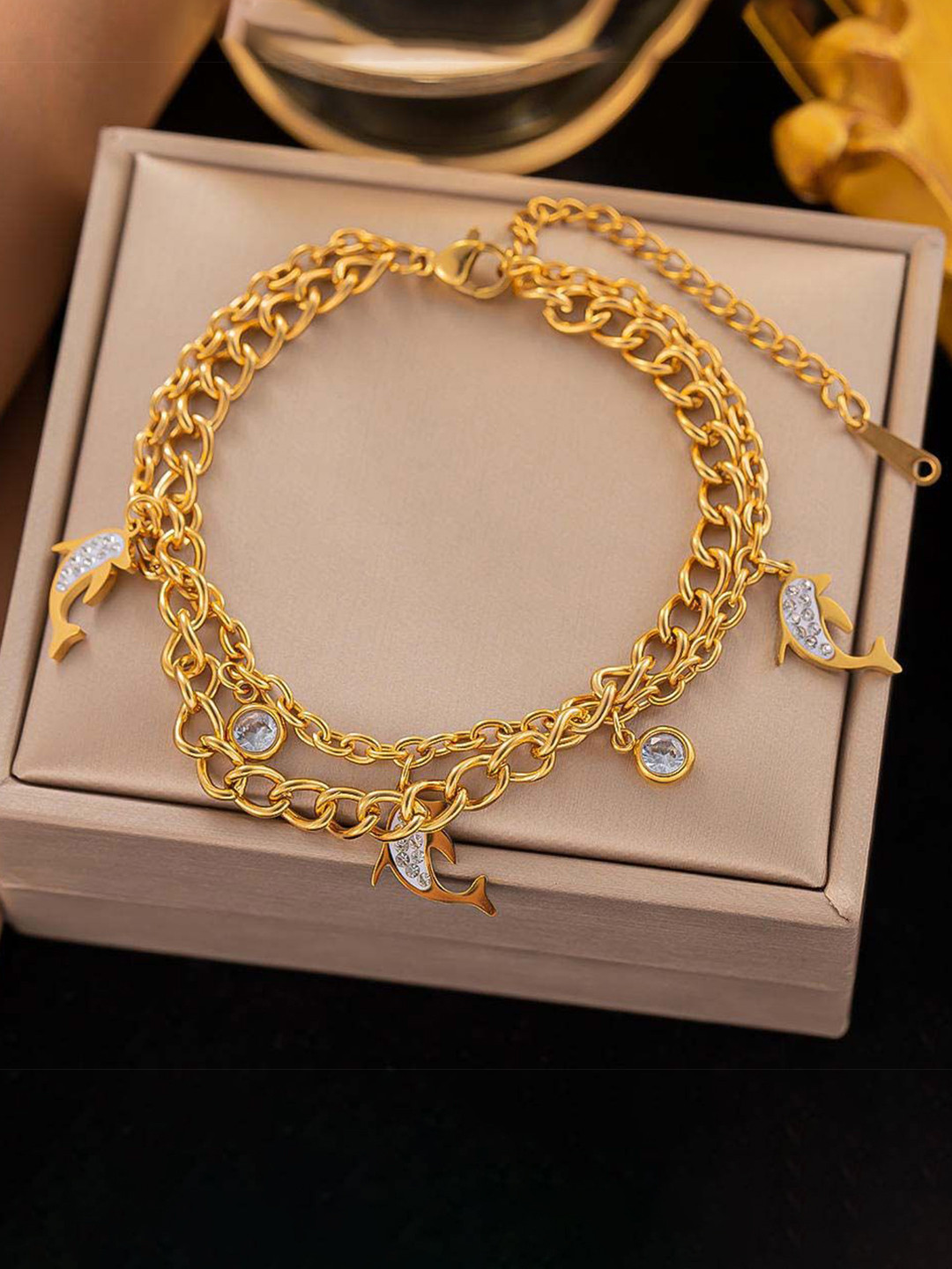 GOLDIWALA Stainless Steel Gold-Plated Artificial Stones Studded Multistrand Bracelet