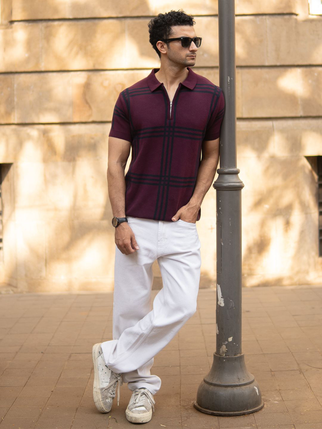 Powerlook ss25 Men Wine Knitted Checks T-Shirt