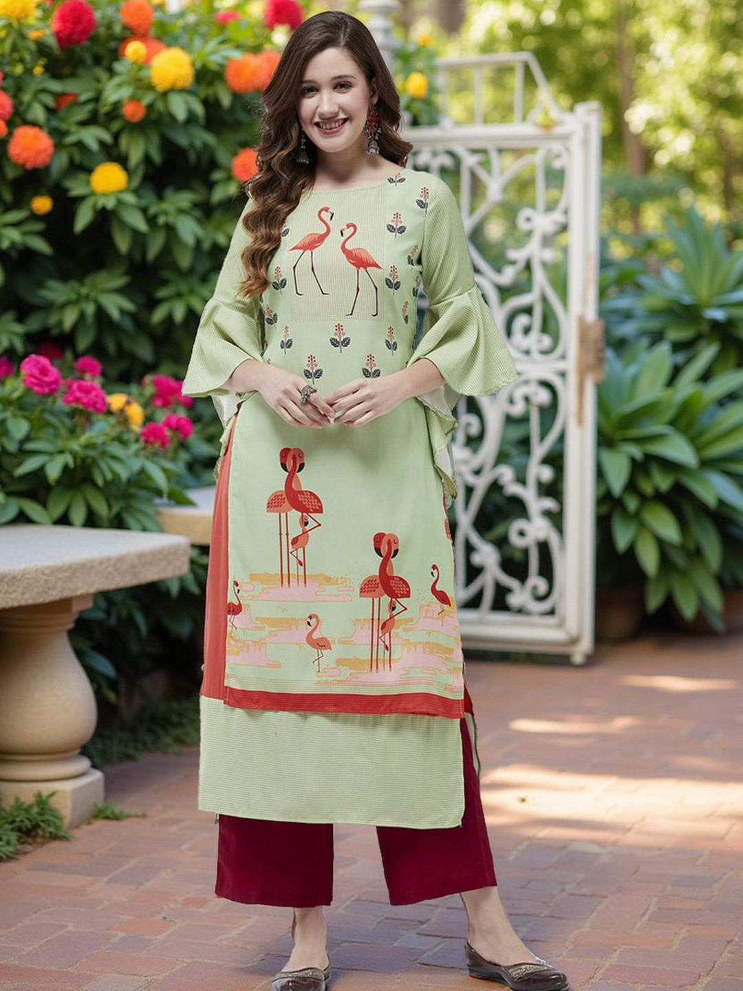 Pannkh Flamingo Printed Bell Sleeves Layered Straight Kurta