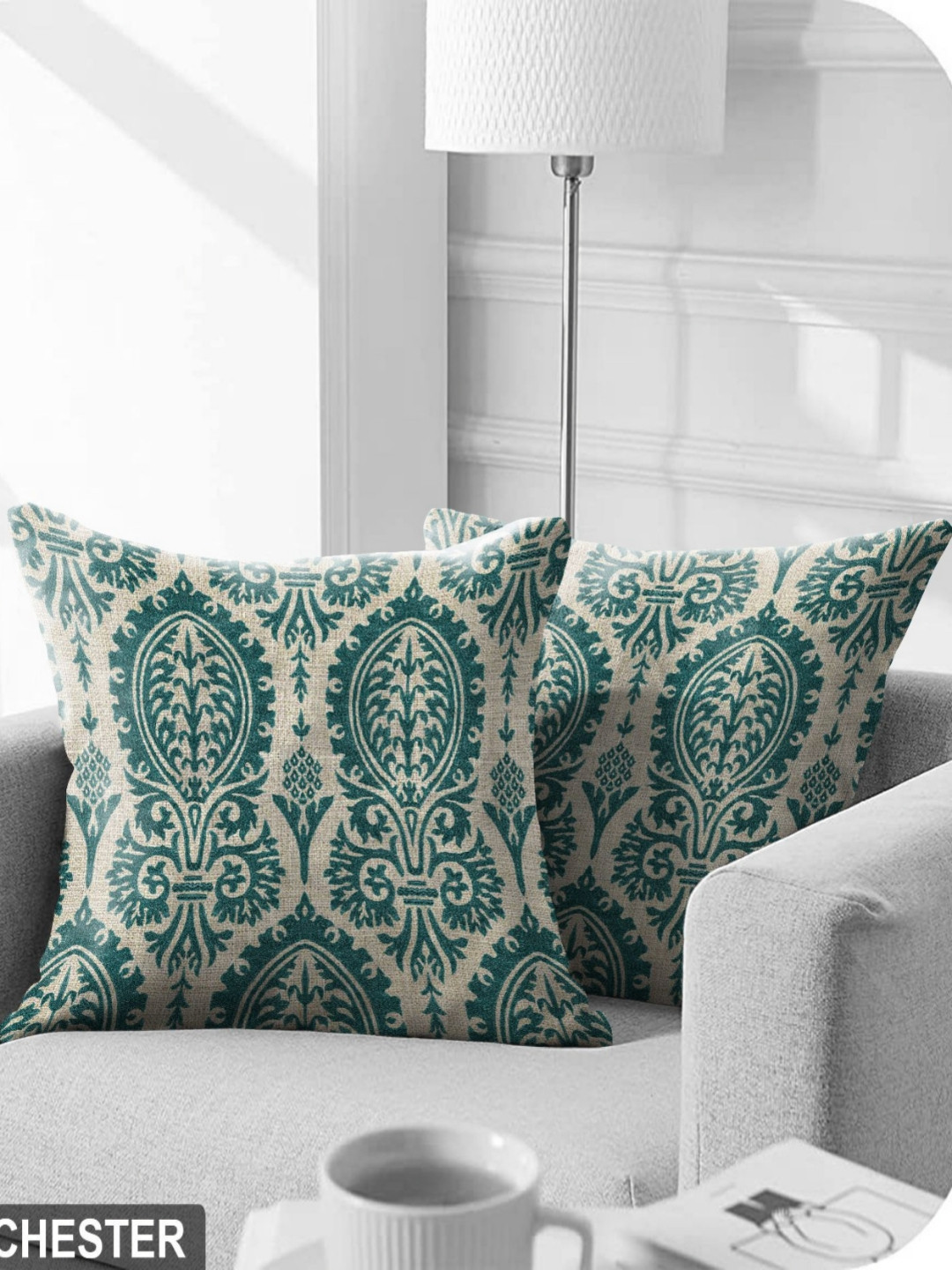 Aura Premium Manchester Teal Ethnic Motifs Polyester 2 Pcs Square Cushion Covers -16x16In