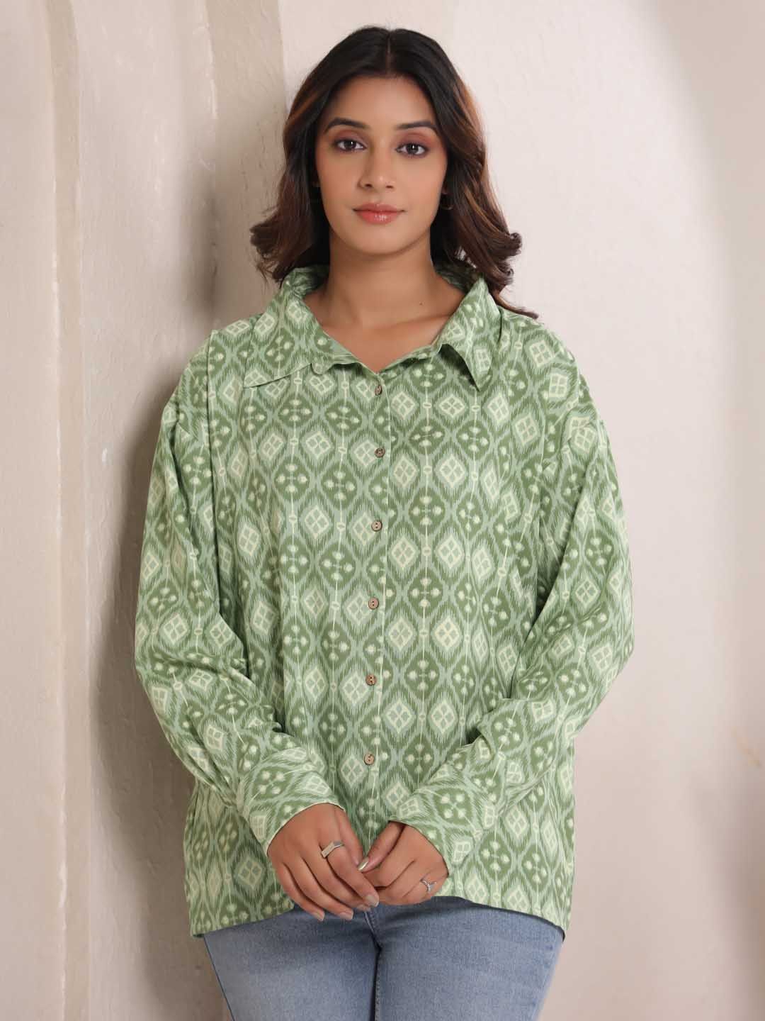 Zenava by Myntra Pistachio Green Ikat Print Cotton Shirt Collar Shirt