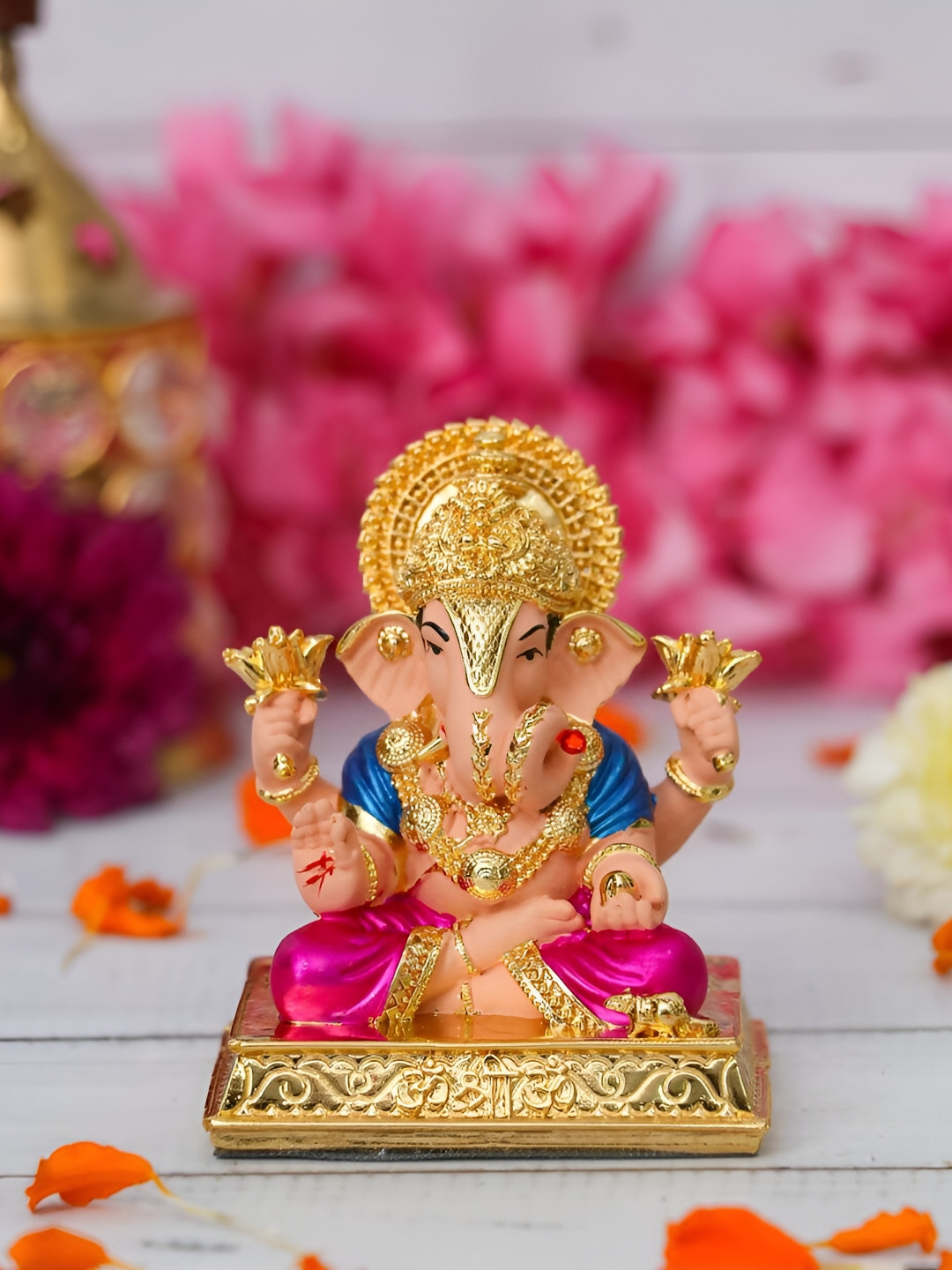 HOUSE OF WEMY Lord Dagdusheth Ganesh Multicoloured Polyresin Glossy Prayer Room Small Showpiece -