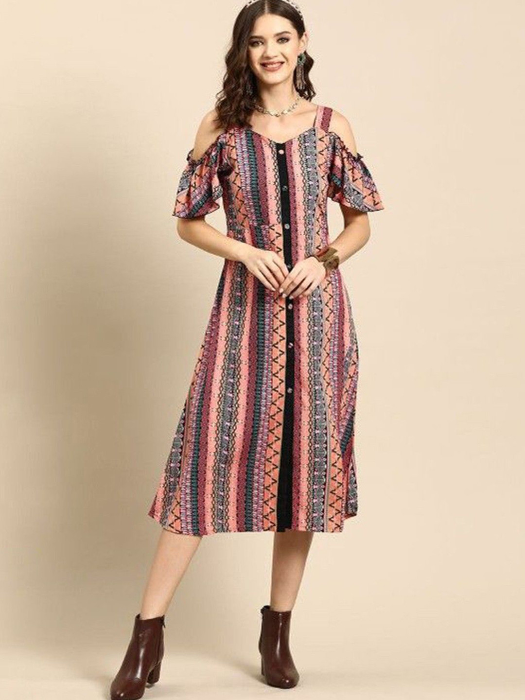 all about you Bohemian Printed Cold-Shoulder A-Line Midi Dress