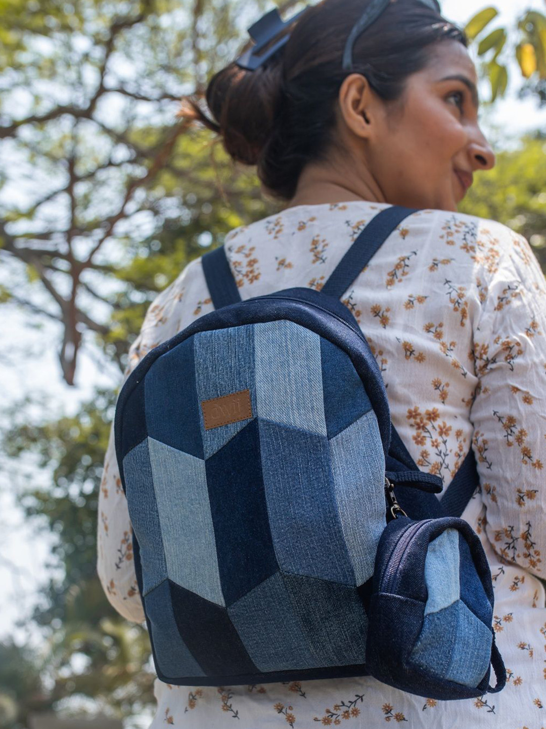 DWIJ Unisex Upcycled Denim Patched Mini Backpack with Pouch